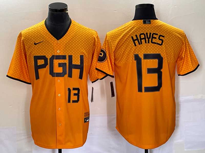 Mens Pittsburgh Pirates #13 KeBryan Hayes Number Gold 2023 City Connect Stitched Jersey1